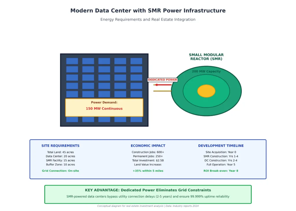 Illustration of modern hyperscale data center requiring 150 MW continuous power supplied by dedicated 200 MW small modular reactor with integrated site development showing 45-acre total footprint