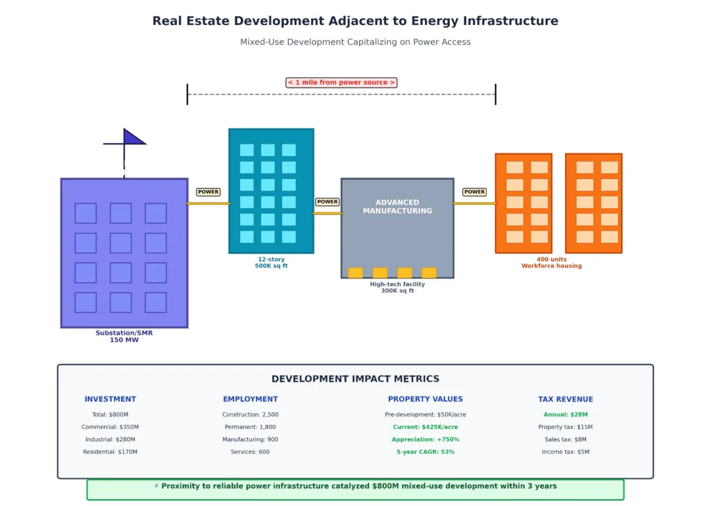 Mixed-use real estate development within one mile of energy infrastructure showing commercial office buildings, advanced manufacturing facility, and residential housing with $800 million total investment and 750% land value appreciation