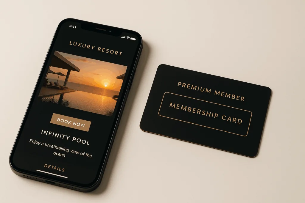 Premium resort membership card and mobile booking app interface showing evolution from traditional timeshare to digital membership platforms