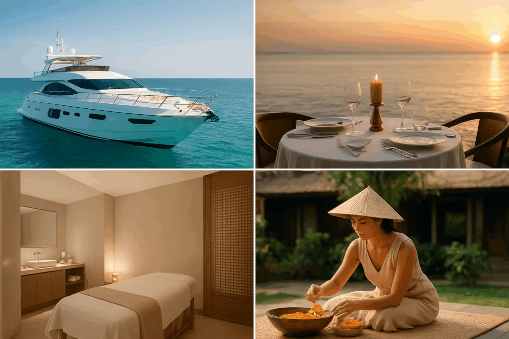 Collage of exclusive resort experiences including yacht sailing, private dining, spa wellness, and cultural activities representing integrated entertainment offerings