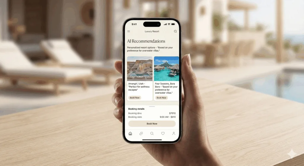 Mobile app mockup showcasing AI-powered resort booking system with personalized recommendations and seamless user interface