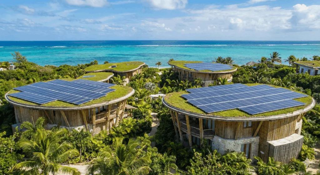 Eco-friendly luxury resort with solar panels and green architecture harmoniously integrated with nature, representing sustainable hospitality trends