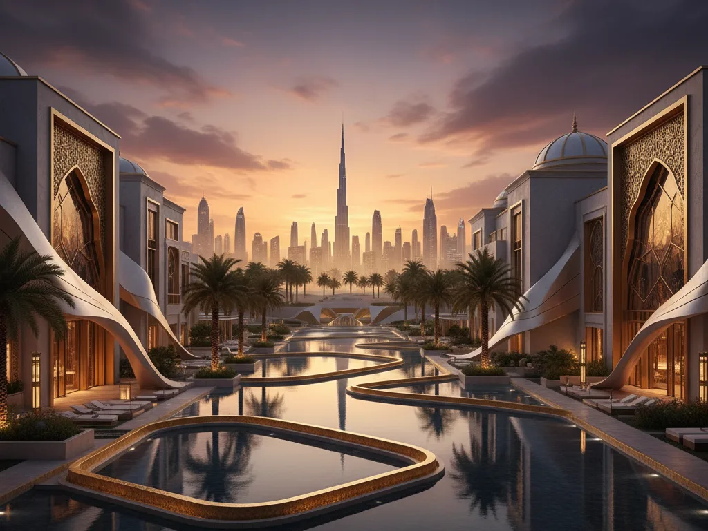 Ultra-luxury resort in Middle East with contemporary Arabian architecture, desert landscape, city skyline, gold accents, representing Dubai-style hospitality